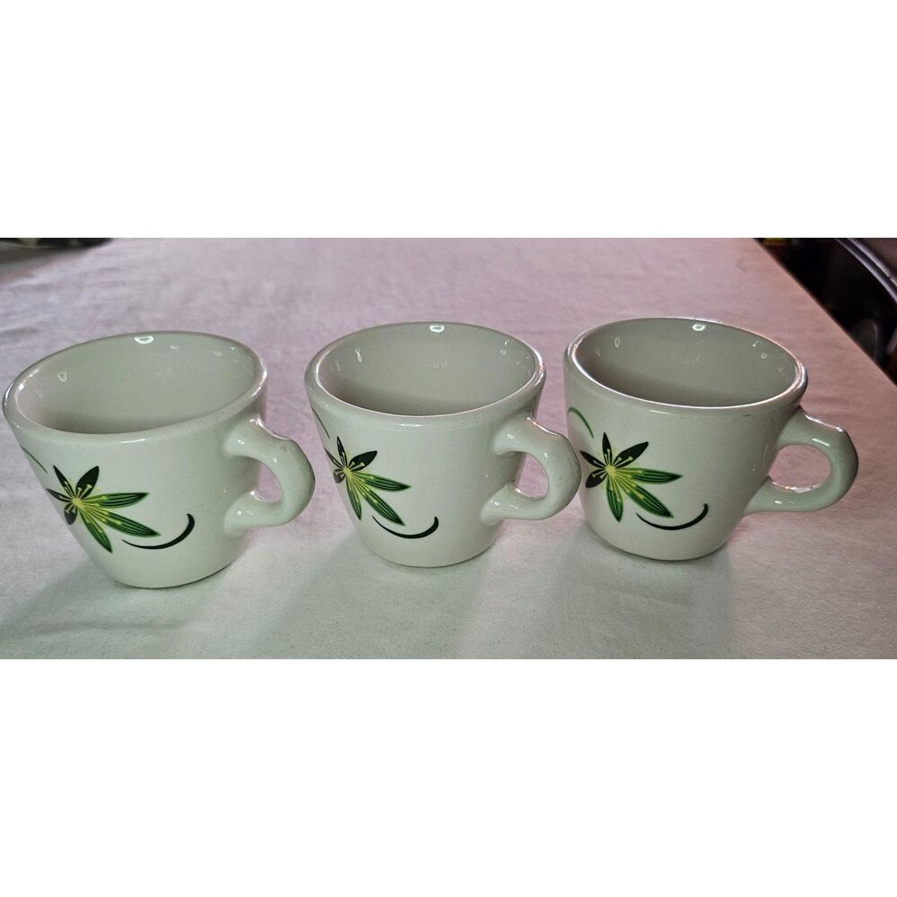 MCM Wallace China Green Floral Cups Mugs x3 Pottery Mid-Century Modern